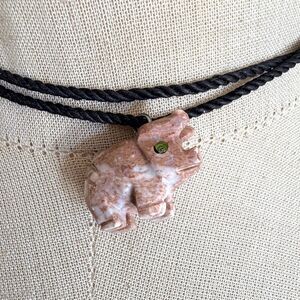 Carved Stone Pig Fetish Pendant Necklace on Black Cord